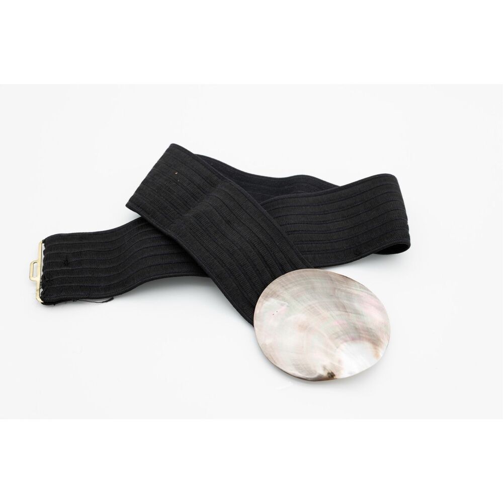 Vintage Charmant Stretch Belt Mother of Pearl Disc Buckle Black Elastic 70s‎